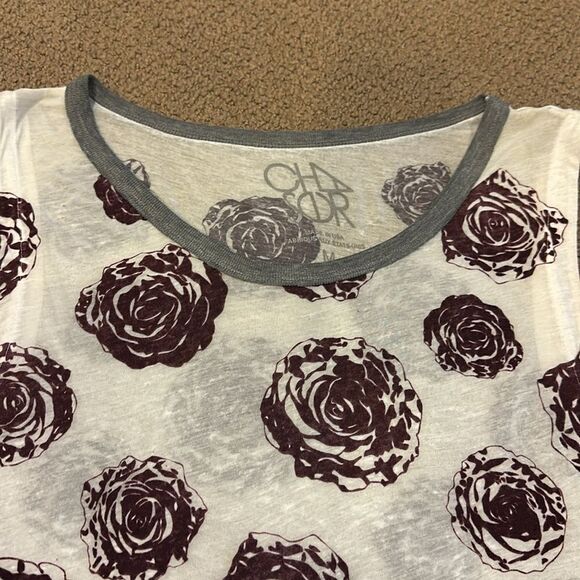 Chaser Women’s Sheer White Tank Top with Grey Trim and Brown Velvet Roses - Picture 2 of 7